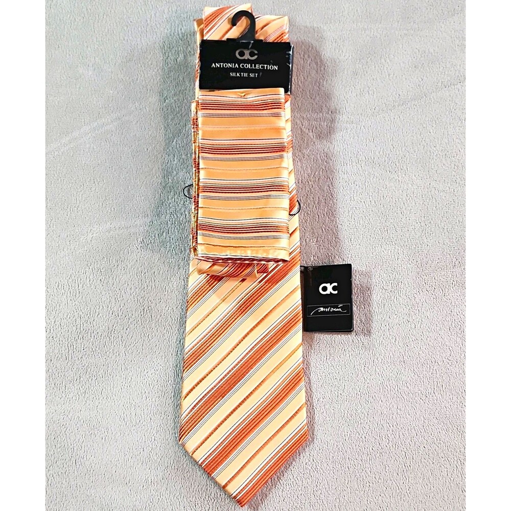 Antonia Collection Men's Silk Tie Set Striped Orange Beige White